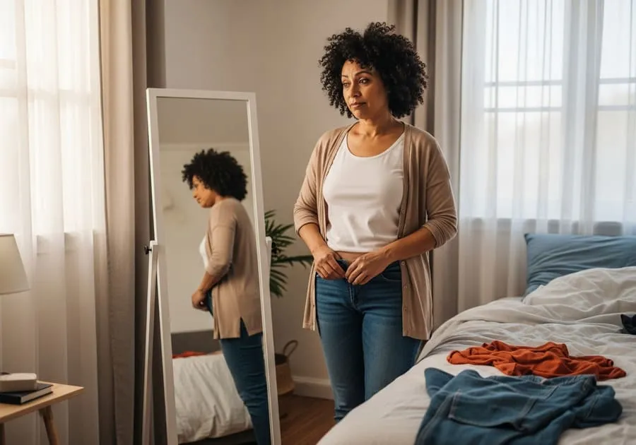 Fotografia realista de alguém em quarto acolhedor, lutando para abotoar jeans apertados no espelho, com luz matinal suave.