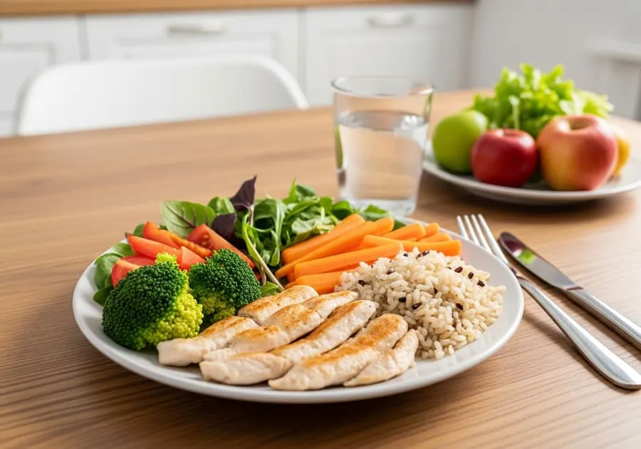 Fotografia realista de uma refeição saudável em mesa de cozinha, com prato dividido em verduras frescas, proteína grelhada e grãos integrais, vidro de água ao lado.