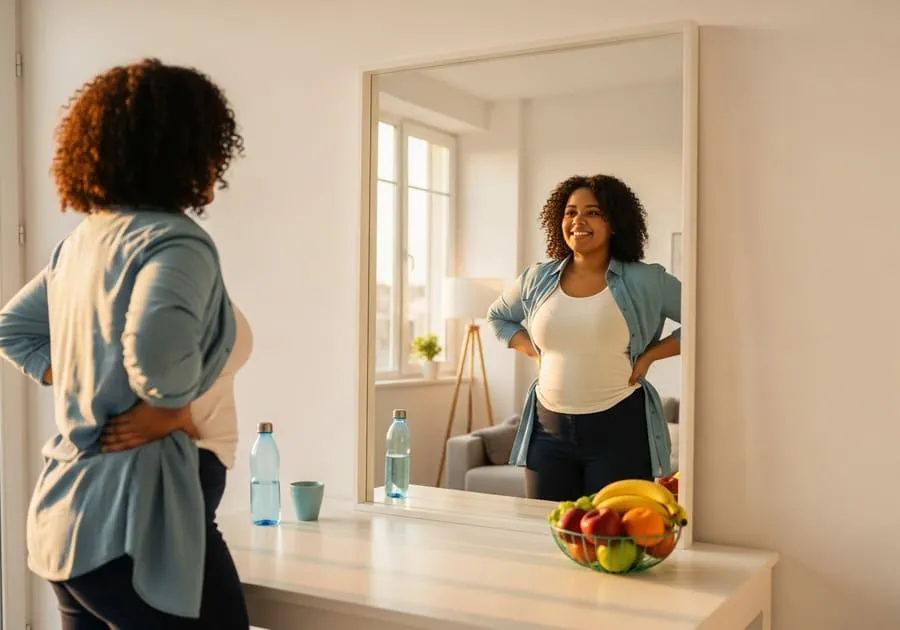 ganho de peso durante as festas. Fotografia de pessoa sorridente e confiante no espelho, em sala iluminada, com frutas e água ao fundo, simbolizando emagrecimento saudável.