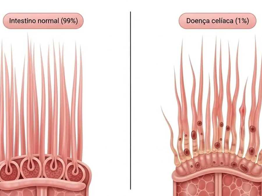 Comparação entre intestino saudável e intestino com doença celíaca