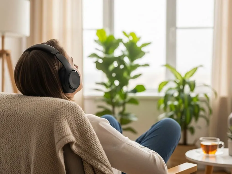 Pessoa de costas usando fones de ouvido em uma sala iluminada por luz natural suave, sentada em poltrona confortável com planta e xícara ao fundo.