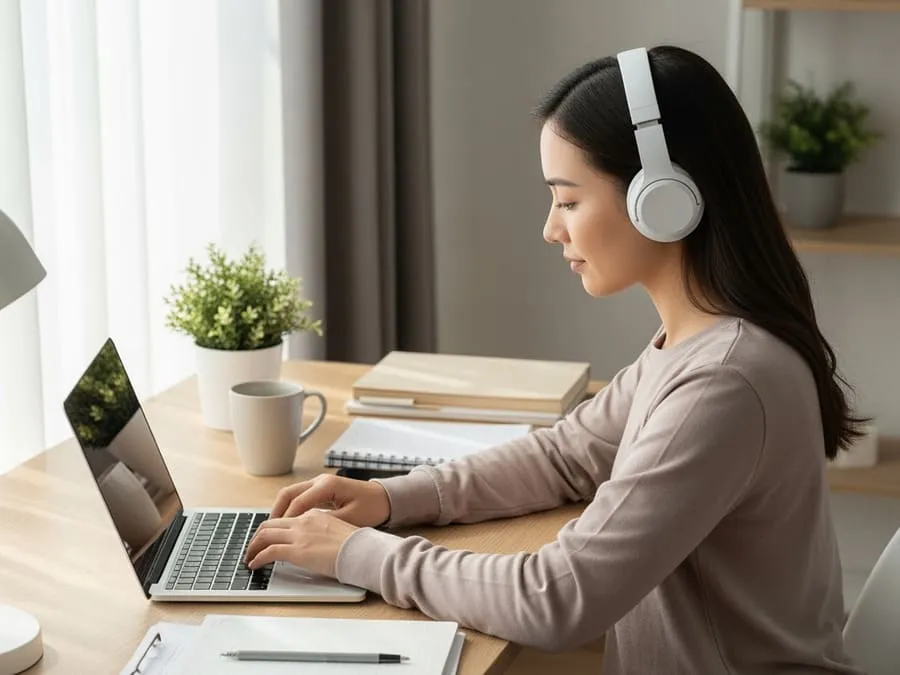 Efeitos da música no cérebro. Pessoa sem rosto visível trabalhando concentrada em mesa de madeira clara com notebook, fones de ouvido, planta e luz natural entrando pela janela.