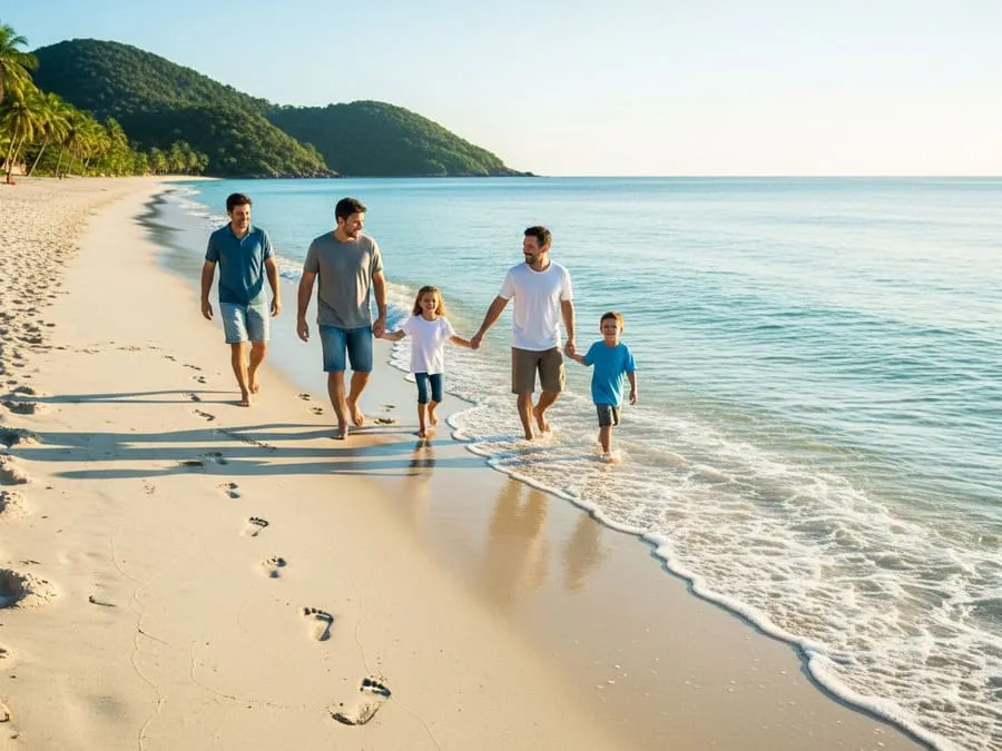Fotografia de uma praia brasileira limpa ao entardecer, com família caminhando na areia branca e água clara, transmitindo paz e preservação ambiental.