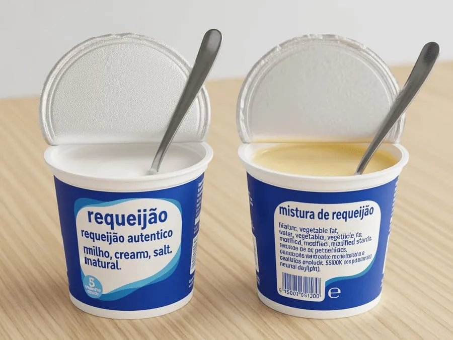 Fotografia realista de duas embalagens abertas de requeijão sobre mesa de madeira, mostrando rótulos e listas de ingredientes, com colheres destacando a diferença de cremosidade.
