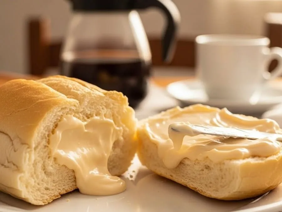 Fotografia realista de pão francês quente com requeijão cremoso verdadeiro derretendo, em uma típica mesa de café da manhã brasileira.
