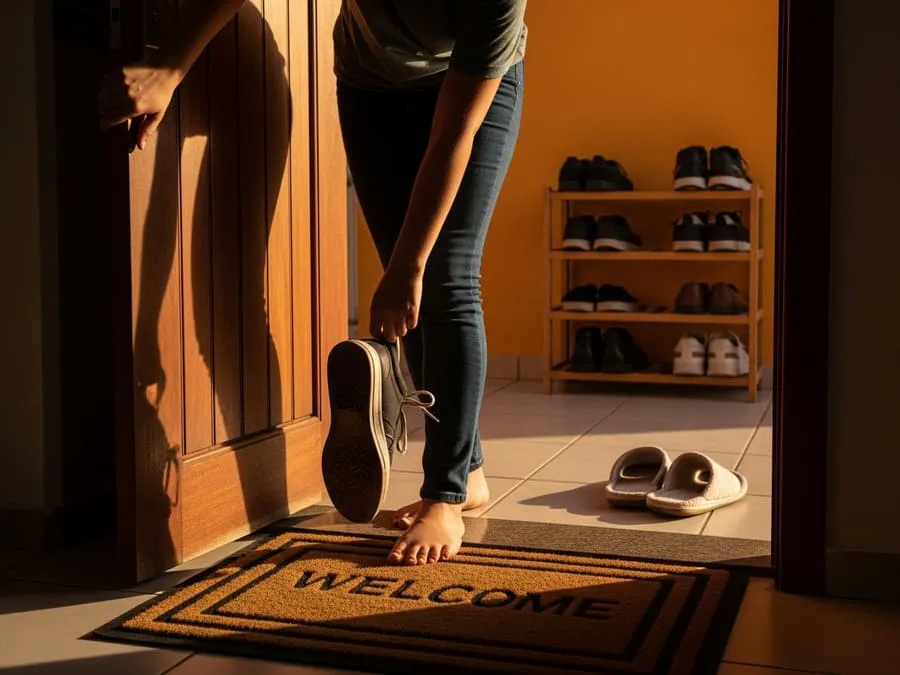 Pessoa tirando o tênis na entrada de casa brasileira, com capacho e sapateira ao fundo.