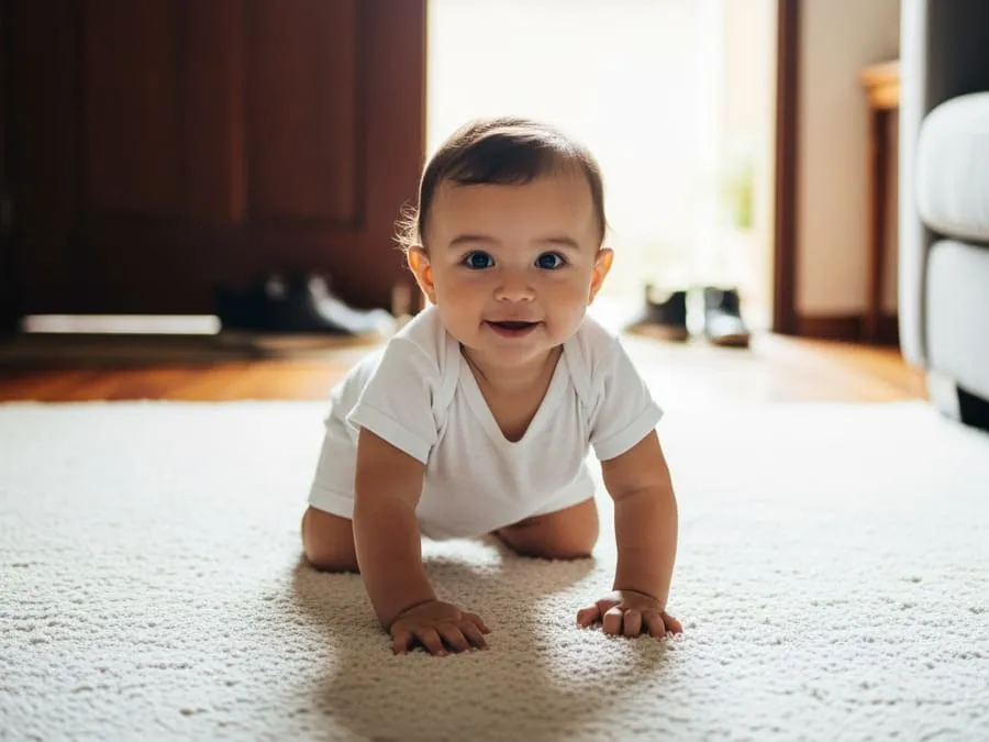 sapatos em casa fazem mal. Bebê engatinhando feliz em tapete limpo, com tênis sujos deixados longe na entrada.