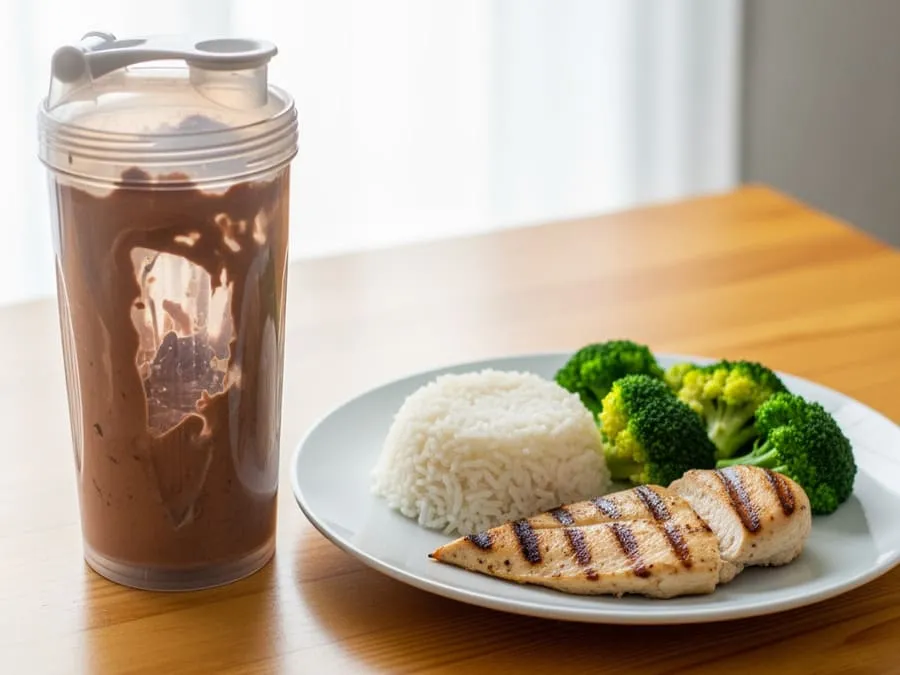 Fotografia realista de shaker com whey de chocolate e prato com arroz, frango grelhado e brócolis em mesa clara, iluminação natural
