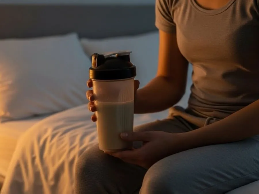 Fotografia realista de pessoa sentada na cama à noite segurando shaker com shake claro, quarto com luz baixa ao fundo, clima de descanso e recuperação