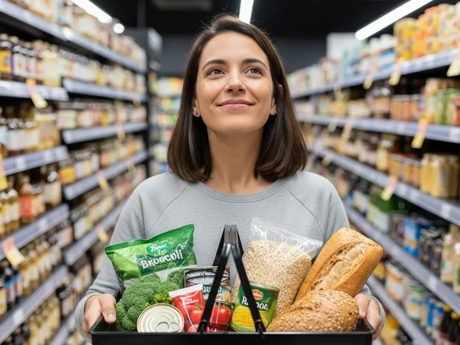 Mulher sorridente escolhendo alimentos industrializados saudáveis no supermercado.