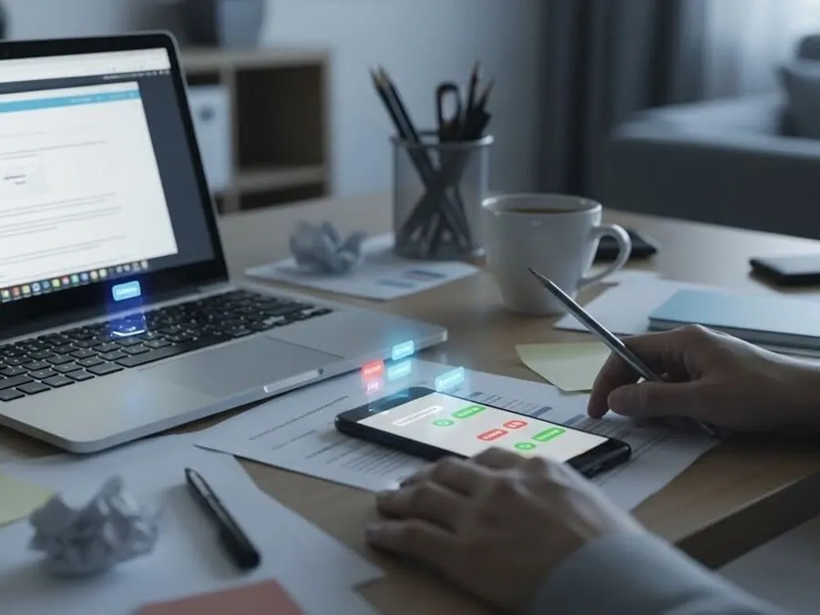 Aceleração do tempo. Fotografia realista de uma mesa de trabalho com laptop, celular com notificações, papéis espalhados e uma xícara de café, em um ambiente caótico sob iluminação suave."