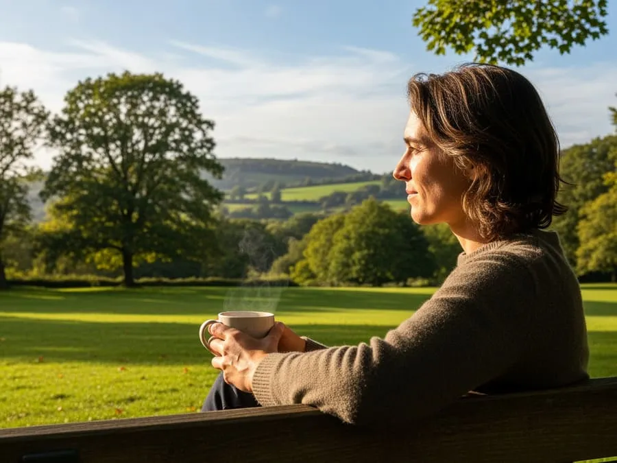 Fotografia realista de uma pessoa sentada em um banco de parque, segurando uma xícara de chá, com uma paisagem verdejante ao fundo, sob iluminação natural e quente