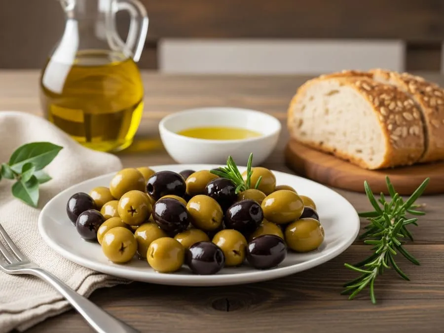 Fotografia realista de uma mesa rústica com azeitonas verdes e pretas, azeite de oliva, pão integral e alecrim, sob iluminação natural suave.