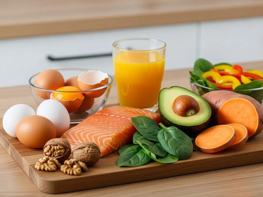 Fotografia realista de uma bancada com ovos, salmão, abacate, espinafre, nozes, batata-doce e suco de laranja, sob iluminação clara e natural.