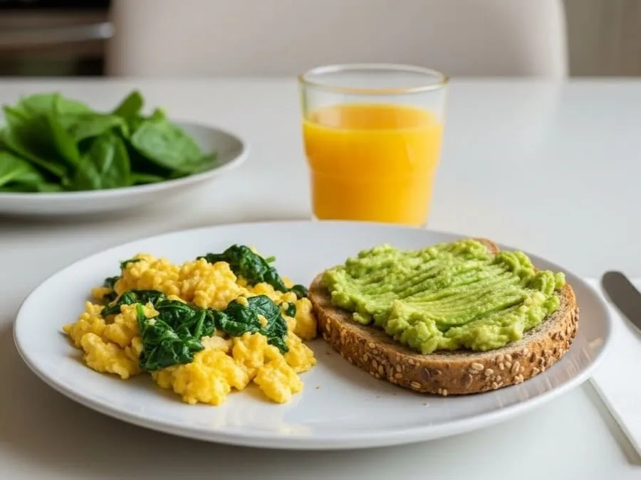 Fotografia realista de uma mesa com ovos mexidos com espinafre, pão integral com abacate e suco de laranja, sob iluminação clara e natural.