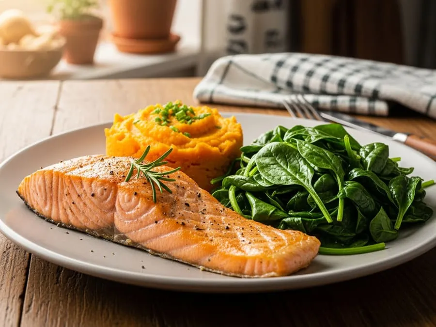 Fotografia realista de um prato com salmão grelhado, purê de batata-doce e espinafre refogado, em uma mesa rústica sob iluminação natural quente.