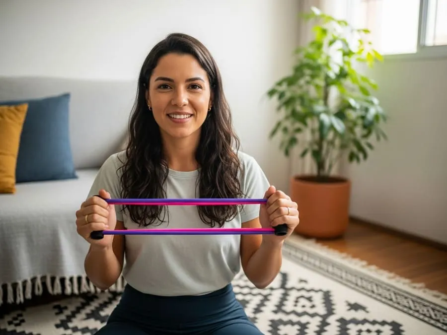 Mulher brasileira sorrindo na sala de casa segurando elástico de resistência, pronta para treinar glúteos.