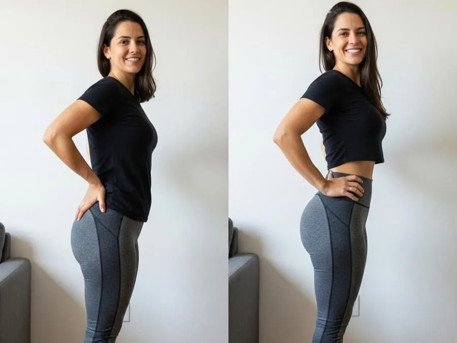 Transformação real: mesma mulher com postura e glúteos mais fortes após treino com elástico em casa