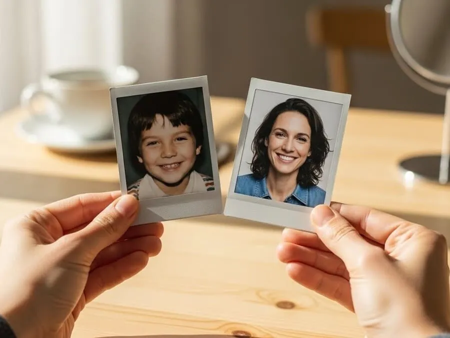 Imagem corporal - Mãos segurando duas fotos polaroid — uma de criança e uma atual — sobre mesa de madeira, com xícara de chá ao fundo desfocado.