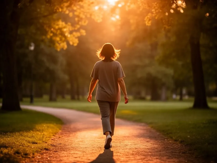 Pessoa caminhando relaxada em parque ao entardecer, com luz dourada do sol poente criando halo suave ao redor.
