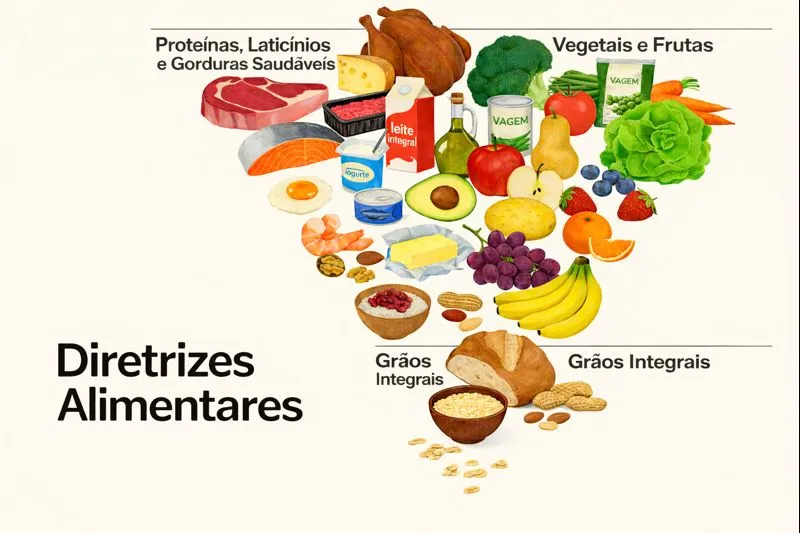 Ilustração da pirâmide alimentar americana atualizada para 2025-2030, mostrando camadas com vegetais e frutas na base, proteínas e gorduras boas no meio, e grãos integrais no topo.