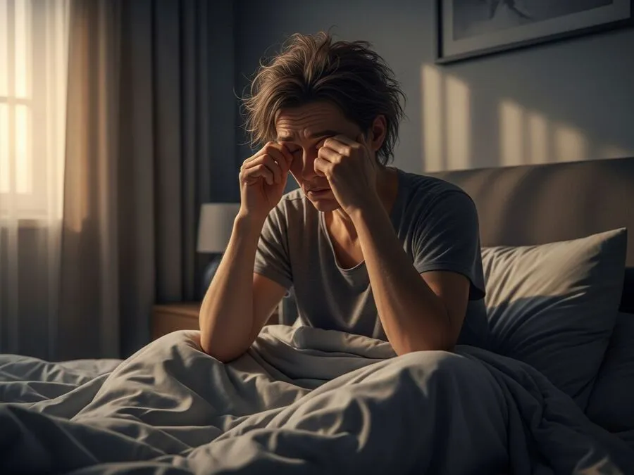 Foto realista de uma pessoa sentada na cama ao amanhecer, com expressão cansada e esfregando os olhos, representando o cansaço após sono de má qualidade.