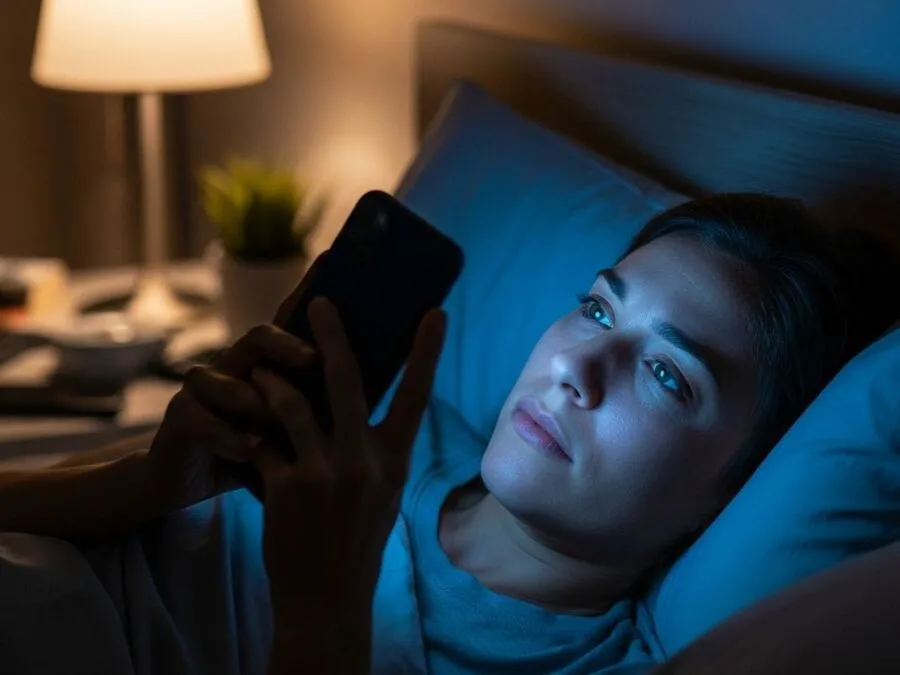 Imagem realista de uma pessoa na cama à noite, usando celular com tela iluminando o rosto, ilustrando como dispositivos afetam a qualidade do sono.