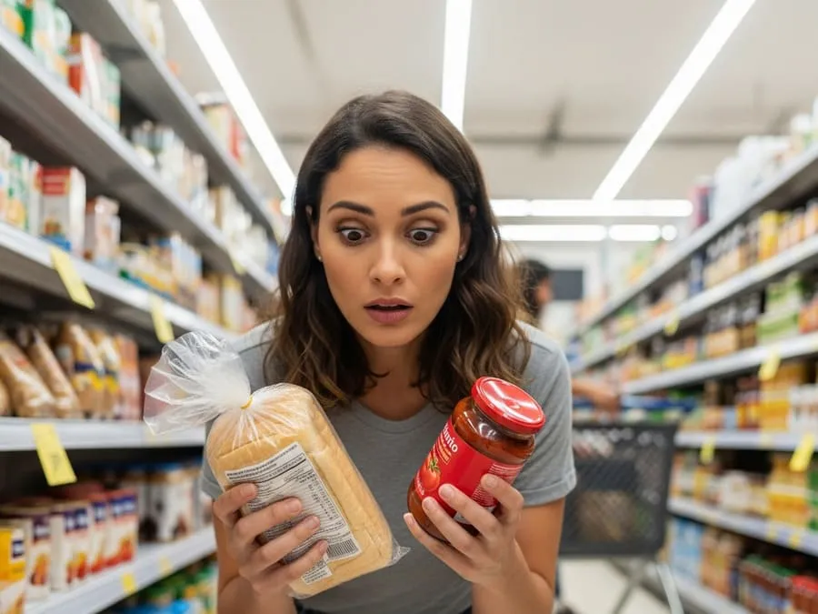 Mulher no supermercado lendo rótulo de alimento e descobrindo açúcar oculto.