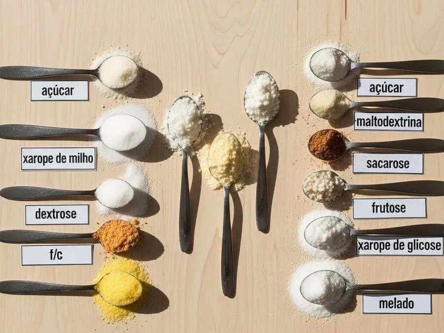 Colheres mostrando diferentes tipos de açúcar oculto com seus nomes disfarçados nos rótulos.