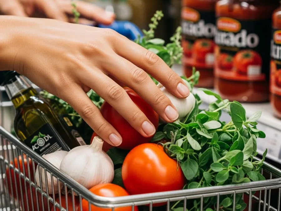 Pessoa escolhendo ingredientes naturais no supermercado em vez de produtos com açúcar oculto.
