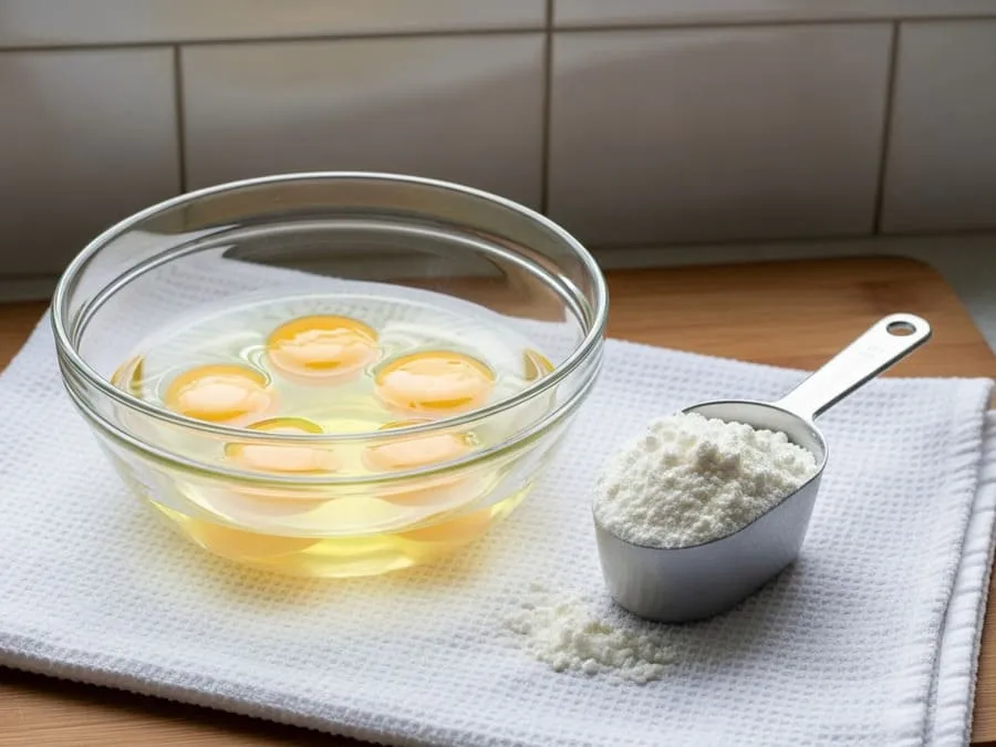 Claras de ovos frescas ao lado de medidor com pó de albumina, mostrando a origem natural do suplemento.