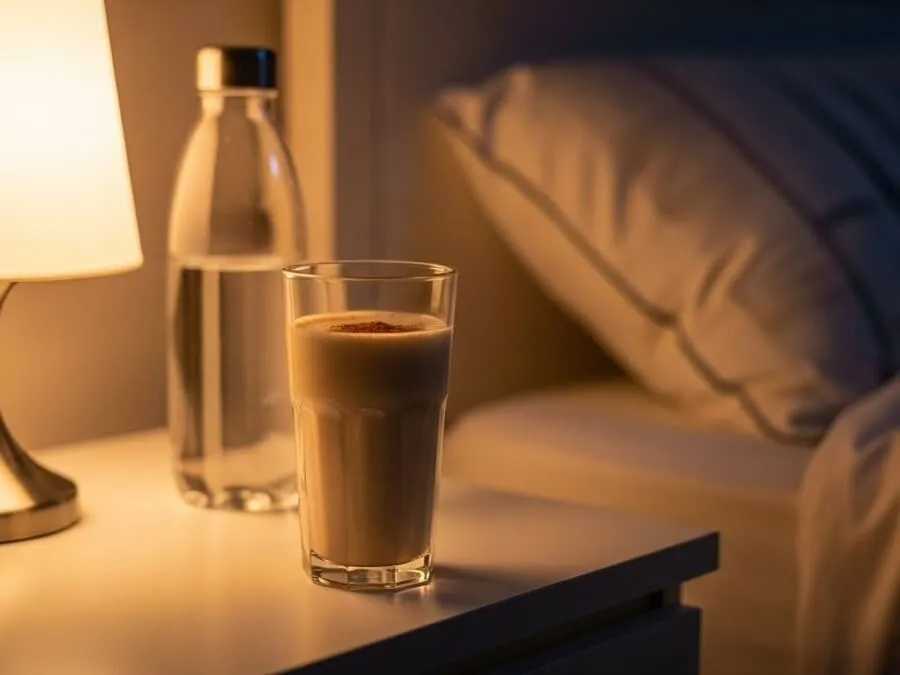 Shake de albumina com canela no copo ao lado da cama, pronto para ser tomado antes de dormir.