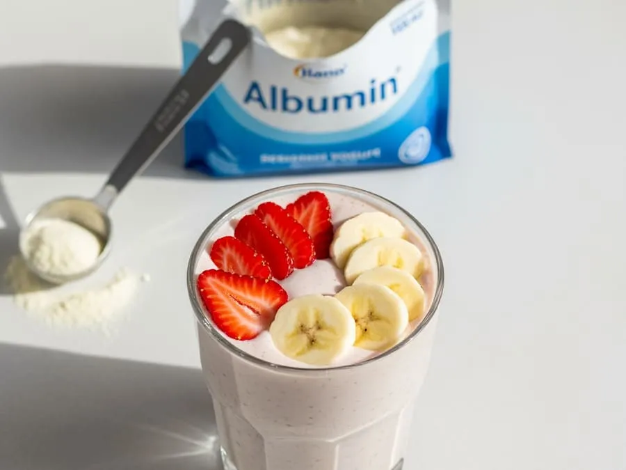 Shake delicioso de albumina com iogurte, morango e banana, provando que dá pra ficar saboroso.