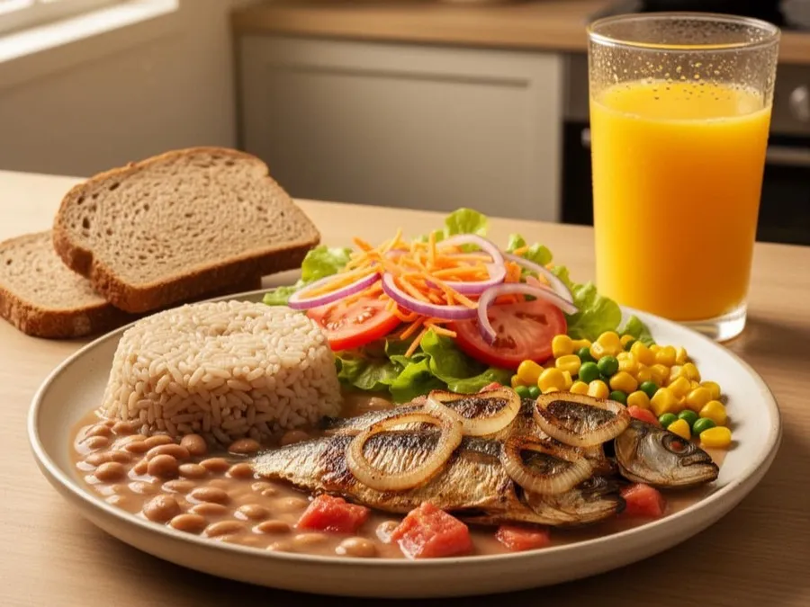 Prato saudável com alimentos industrializados do bem: sardinha, milho, extrato de tomate e pão integral.