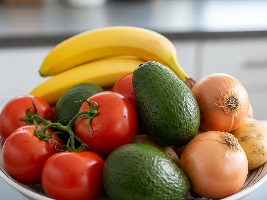 Fotografia de uma fruteira com tomates, bananas, abacates, cebolas e batatas em uma bancada de cozinha, sob luz natural suave.