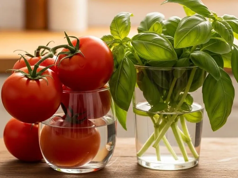 Imagem de tomates vermelhos e manjericão fresco em um copo com água, sobre uma superfície de madeira, destacando conservação natural.