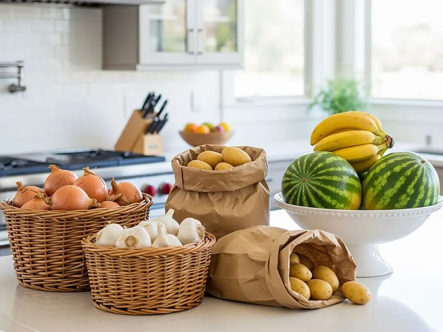 armazenamento de frutas e vegetais. Fotografia de uma cozinha com cestos de cebolas e alho, sacos de batatas e uma fruteira com bananas e melancias, sob luz natural.