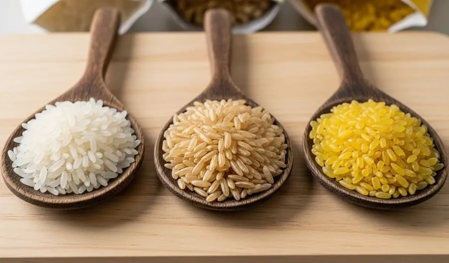 Três colheres de madeira com arroz branco, integral e parboilizado lado a lado para comparação.