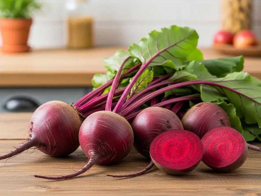 Fotografia realista de beterrabas inteiras com folhas verdes e algumas fatiadas em mesa de madeira, luz natural enfatizando a cor roxa-avermelhada.