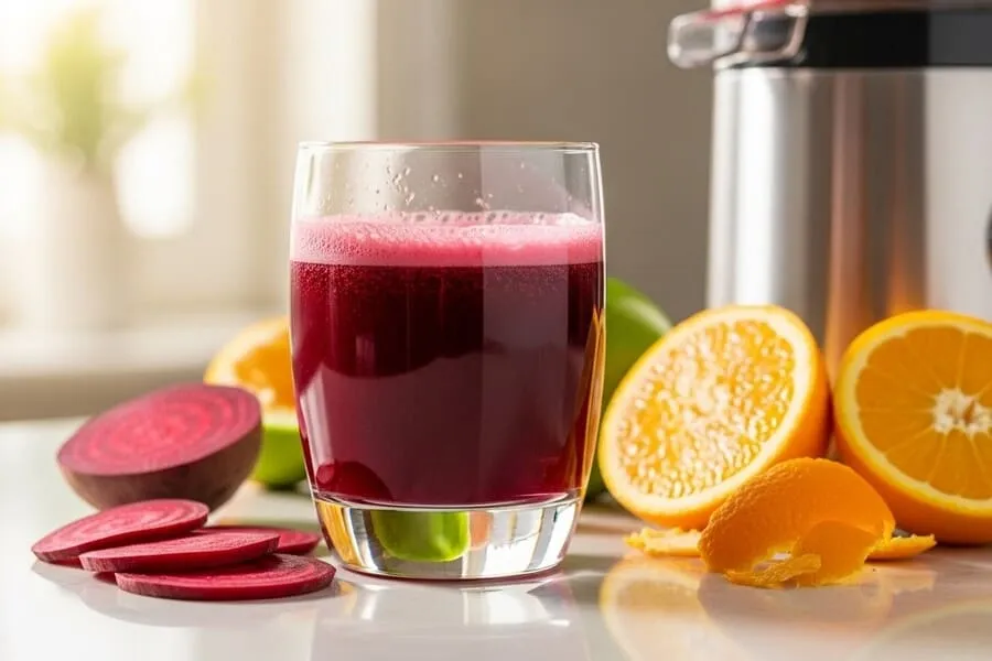Fotografia realista de copo de suco de beterraba vermelho intenso, com beterrabas fatiadas e laranjas ao redor em balcão de cozinha, luz matinal brilhante.