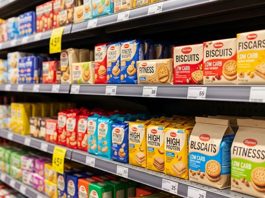 Fotografia realista de uma prateleira de supermercado com diversos pacotes de biscoitos fit, destacando rótulos com promessas de 'alto em proteína' e 'low carb', sob iluminação suave.