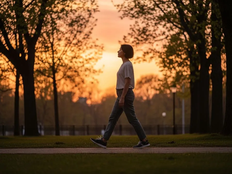 Fotografia realista de uma pessoa caminhando em um parque arborizado ao entardecer, com roupas confortáveis, sob iluminação suave e quente de pôr do sol.