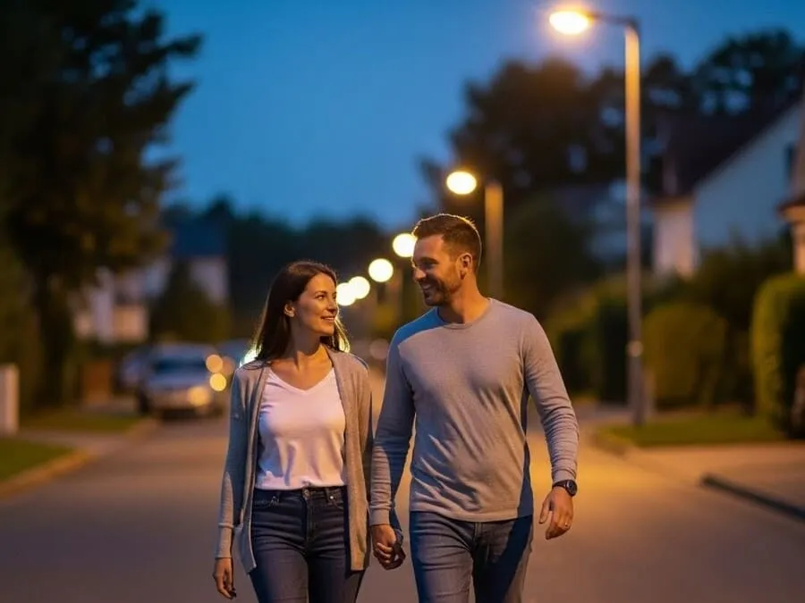 Fotografia realista de um casal caminhando em uma rua de bairro à noite, com postes de luz e casas ao fundo, sob iluminação suave e natural.