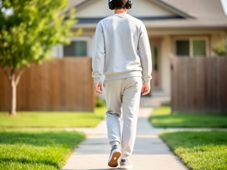caminhada pós-refeição . Fotografia realista de uma pessoa caminhando com fones de ouvido em um quintal ou rua calma, com expressão serena, sob iluminação clara e natural.
