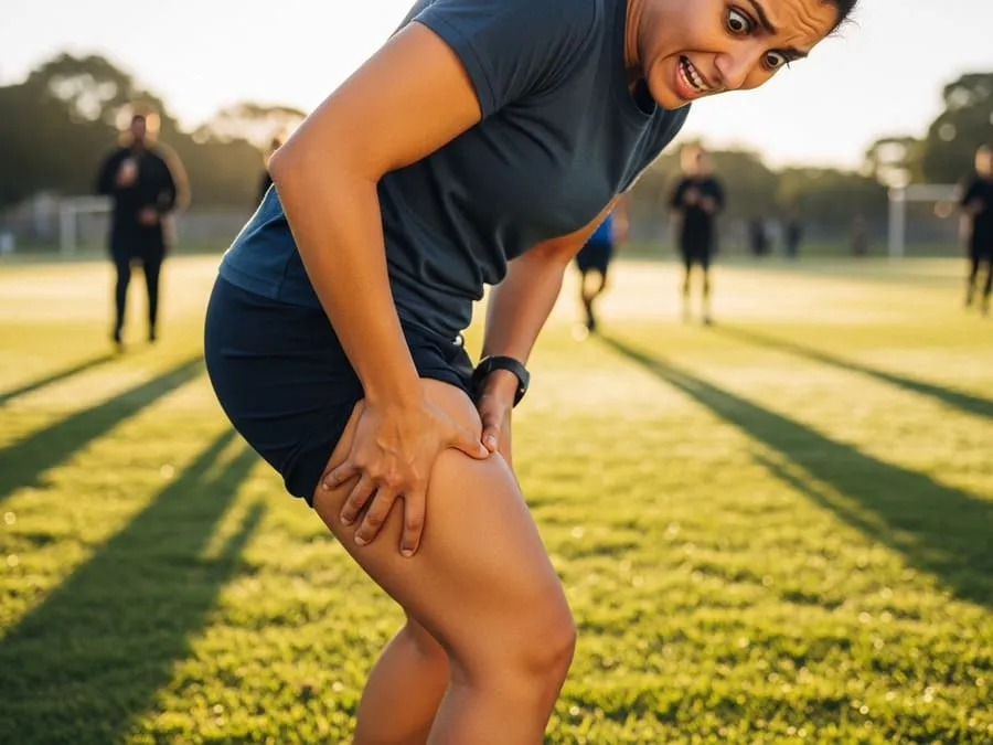 Pessoa sentindo dor aguda na parte de trás da coxa durante atividade física.