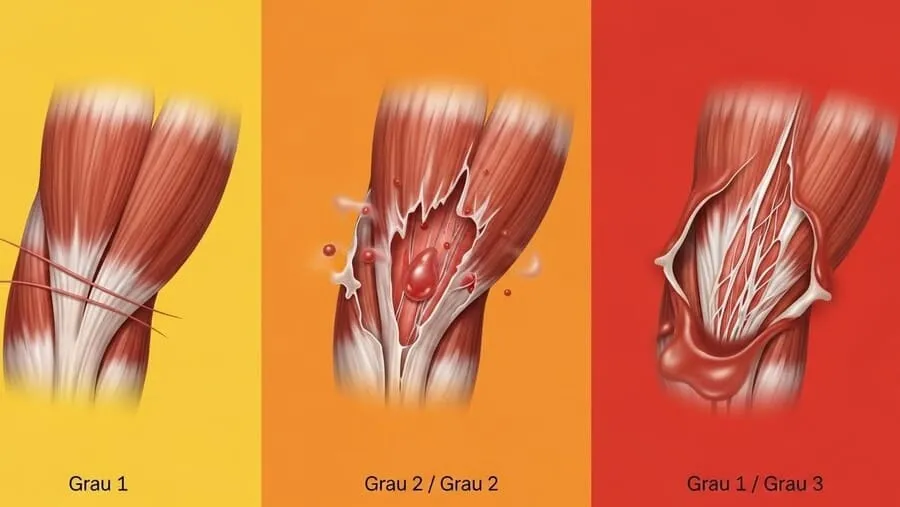 Ilustração comparativa dos três graus de distensão muscular, do leve ao grave.