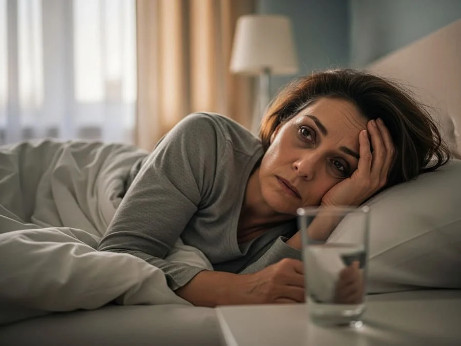Fotografia realista de mulher cansada ao acordar na cama, com expressão preocupada e olheiras, em quarto aconchegante com luz matinal suave.