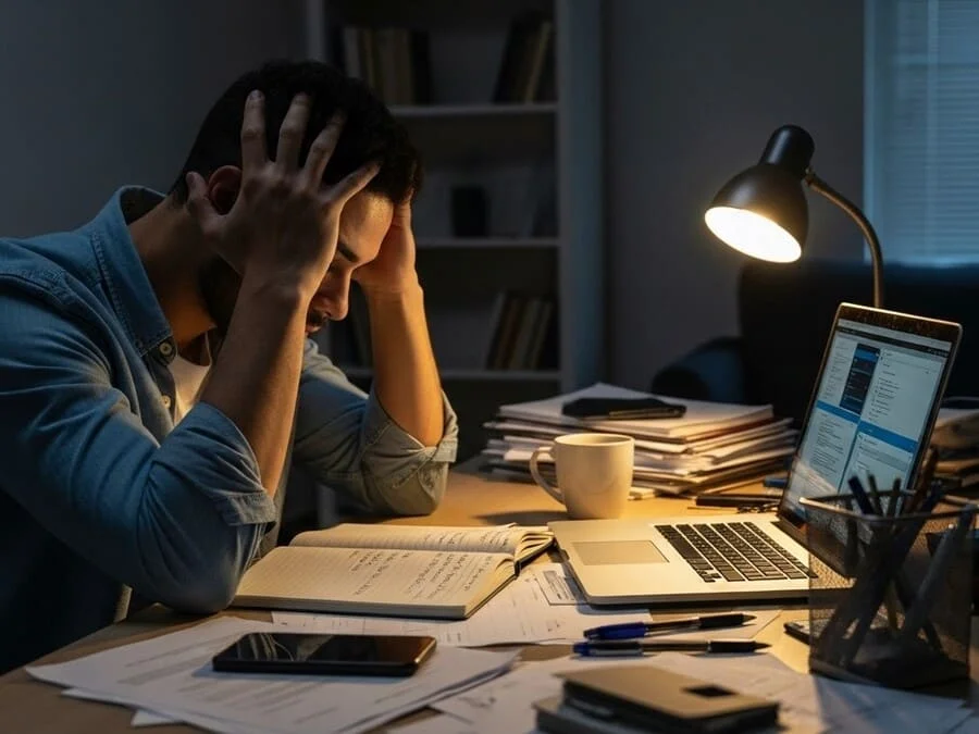 estresse crônico. Fotografia realista de homem estressado no escritório em casa, com mãos na cabeça, mesa bagunçada com papéis e laptop, luz fraca transmitindo fadiga.