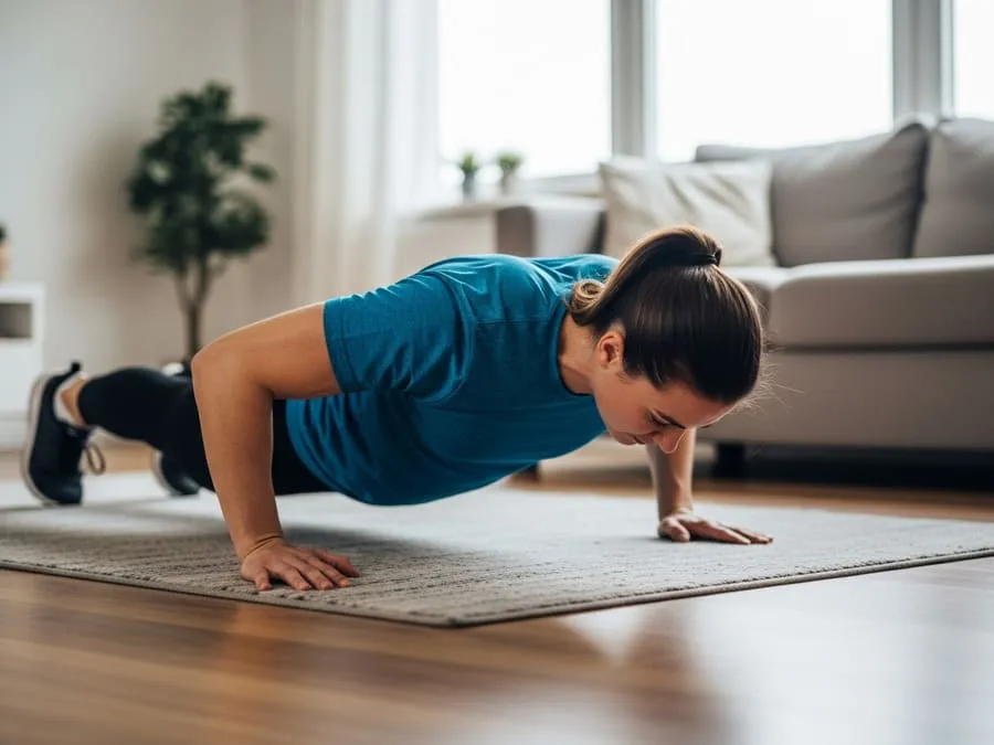 Fotografia realista de uma pessoa fazendo flexão de braço na sala de estar, com tapete e móveis ao fundo, sob iluminação clara e natural.