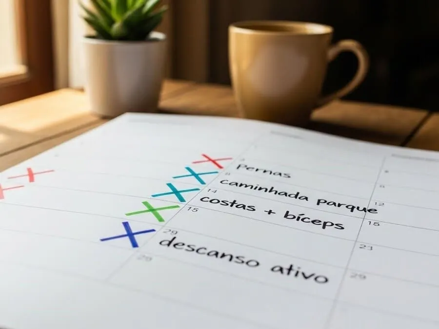 frequência de treinamento. Calendário semanal organizado com os dias de treino marcados.